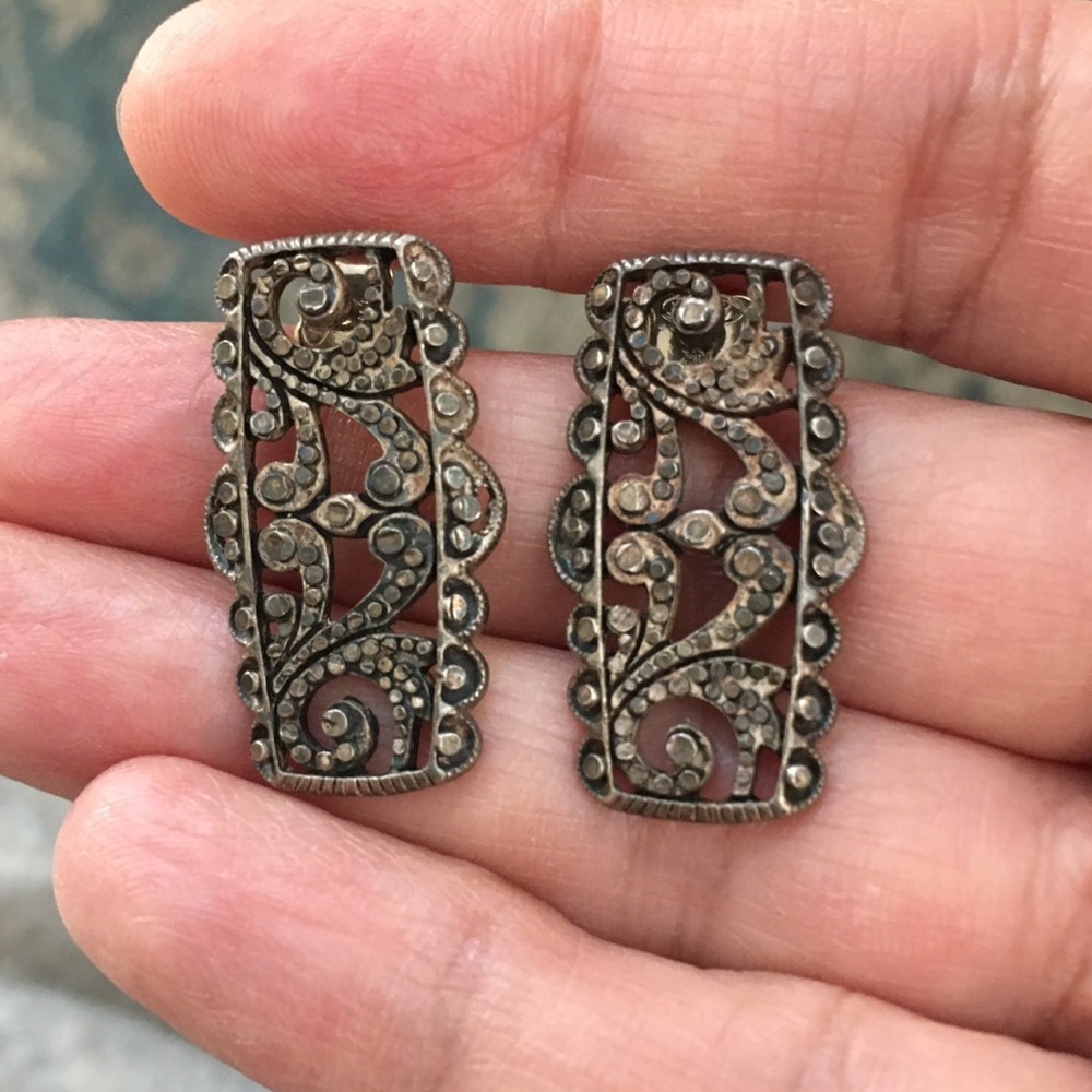 Antique Solid Sterling Silver Marcasite Large Ear… - image 2